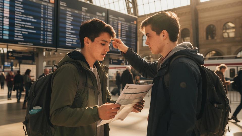 Two travelers comparing a printed festival route beside a station timetable