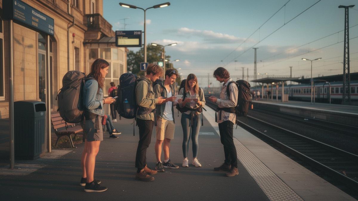 Young travelers with backpacks waiting on a station platform before a festival night