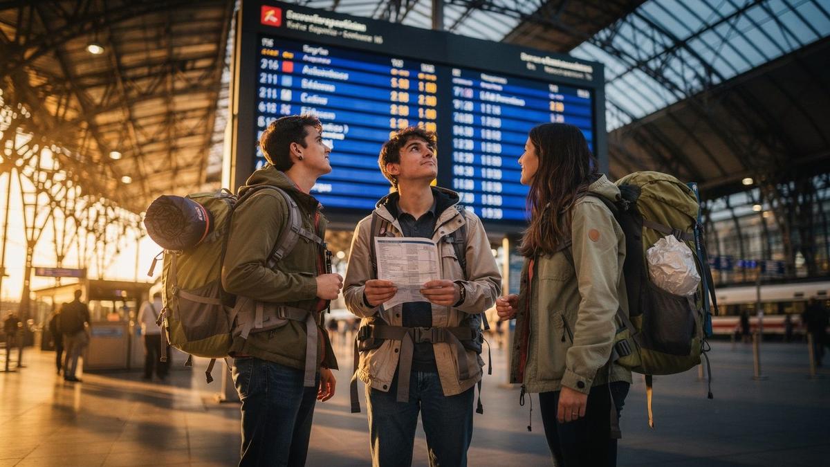 Young travelers with backpacks checking train departure times before a festival weekend